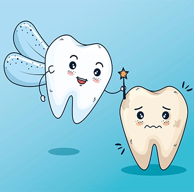 Illustration of toothache in children: the tooth fairy and an aching baby tooth