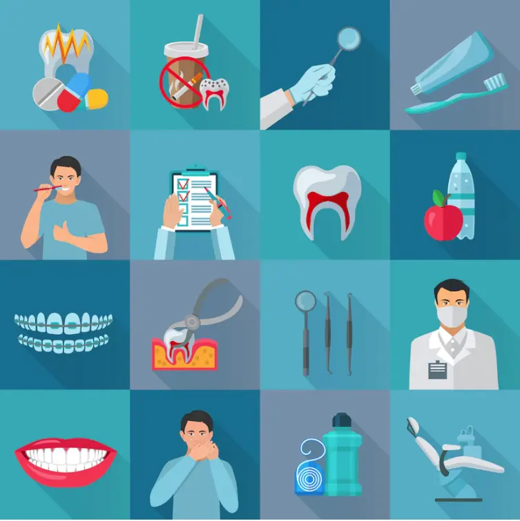 Icons showing toothache, oral care and a dental examination