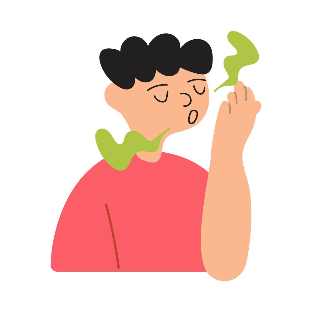 Person covering their mouth with a hand because of bad breath (halitosis)