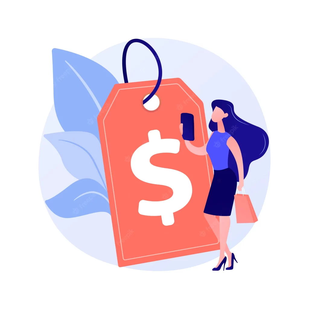 Illustration of a price tag and a person researching prices