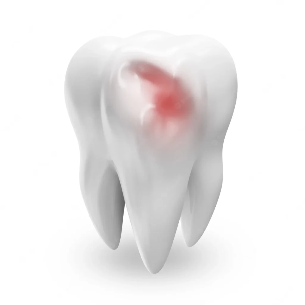 A molar model with the inflamed area highlighted in red