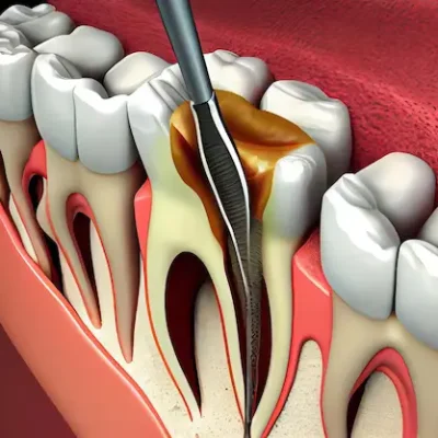 Cross-section drawing of a file placed in the root canal and the infected area around the root