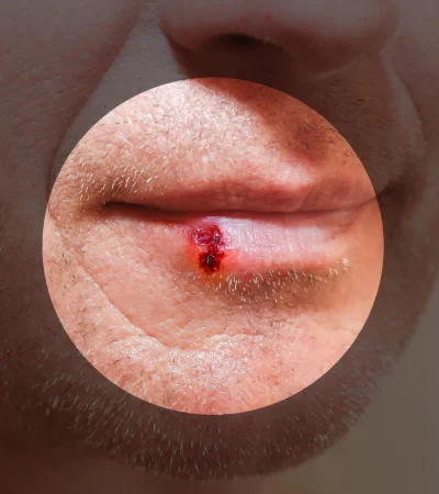 Appearance of a mouth sore (canker sore) inside the lip